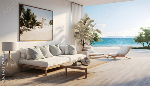  Sea view bedroom of luxury summer beach house with double bed near balcony. wooden floor and swimming .  holiday pool villa. 