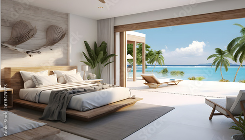  Sea view bedroom of luxury summer beach house with double bed near balcony. wooden floor and swimming .  holiday pool villa.  © Fareedoh