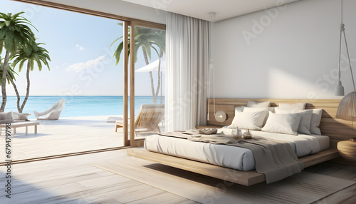  Sea view bedroom of luxury summer beach house with double bed near balcony. wooden floor and swimming .  holiday pool villa.  © Fareedoh