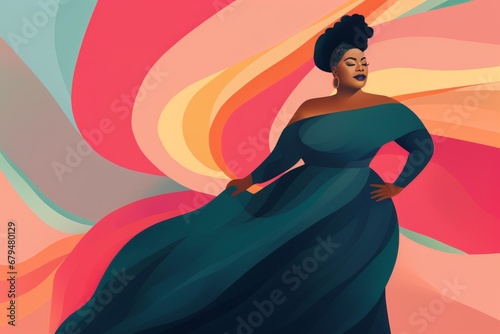 A beautiful black woman of plus size, fierce and proud, dancing in a beautiful dress, colorful illustration