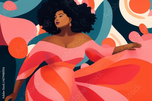 A beautiful black woman of plus size, fierce and proud, dancing in a beautiful dress, colorful illustration