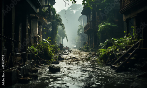 flooded streets on a tropical island following a hurricane photo