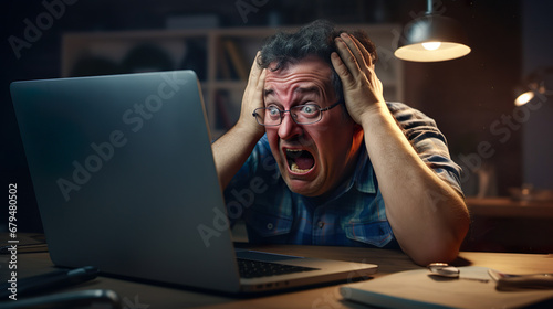パソコン画面の前で頭を抱える男性