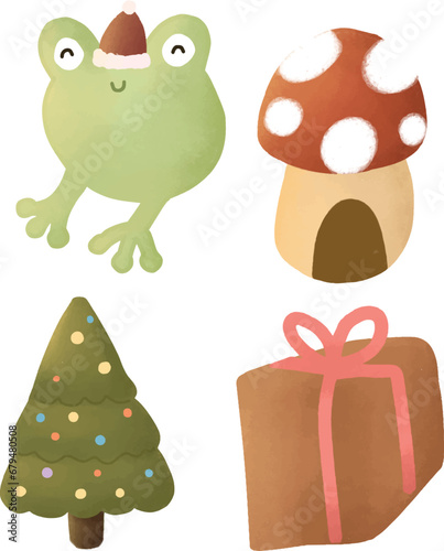 Christmas vibes clipart set of Christmas pine tree, gift, mushroom, and frog