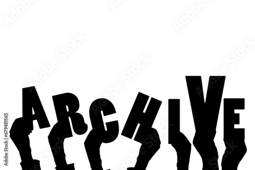 Digital png illustration of hands with archive text on transparent background
