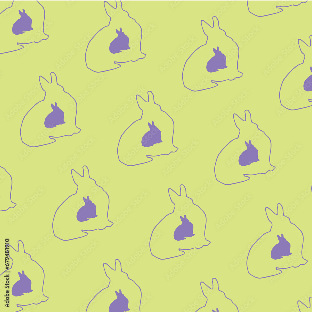 Digital png illustration of purple and yellow pattern of repeated rabbits on transparent background