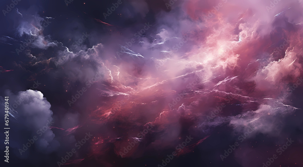 The cosmic space is filled with purple and pink clouds