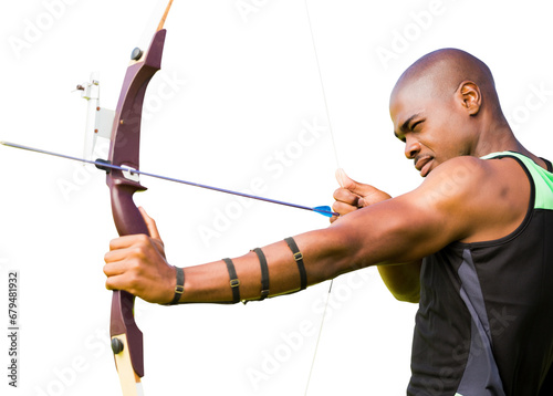 Digital png photo of african american sportsman with bow on transparent background