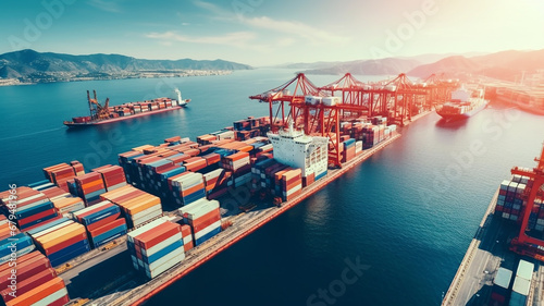 Aerial view of a bustling global container terminal and harbor