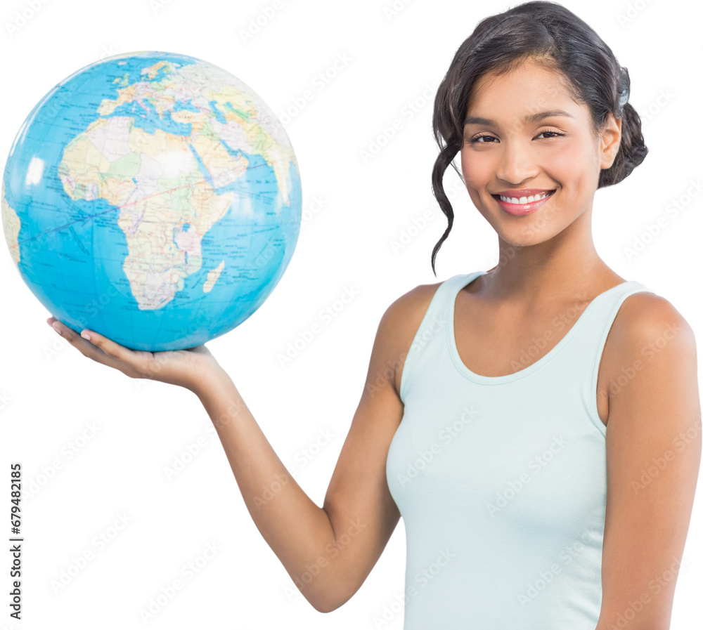Digital png photo of happy biracial woman with globe on transparent background Digital png photo of happy biracial woman with globe on transparent background