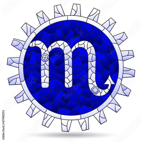 Illustration in the style of a stained glass window with a  zodiac signs scorpio, figure isolated on a white background, tone blue photo