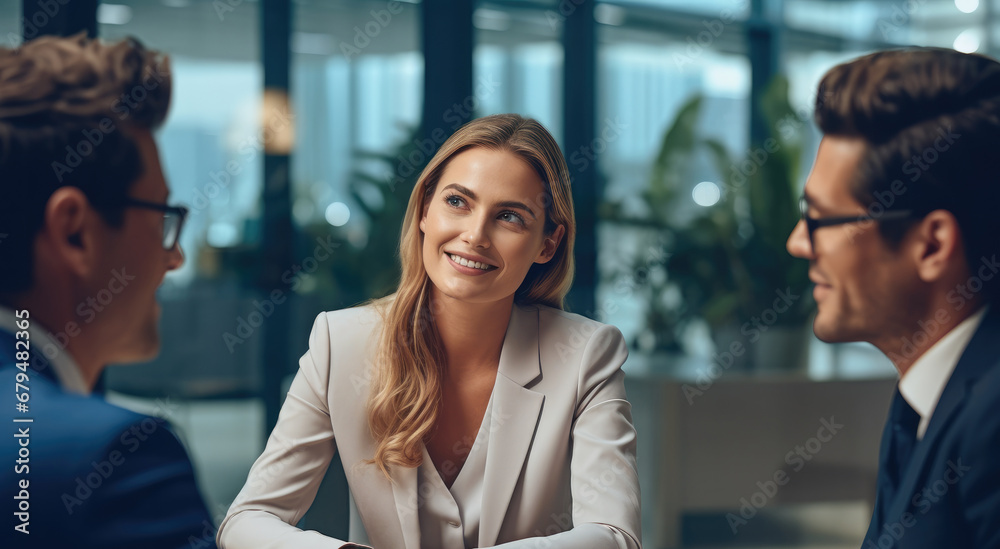 A financial advisor talking with clients in office, Discussing finances and investing strategies. A financial advisor talking with clients in office, Discussing finances and investing strategies.