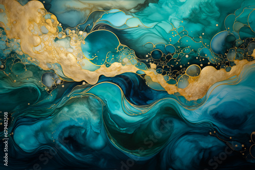 Blue, gold ocean waves background. Flowing wavy special effect teal and malachite abstract waves fantasy backdrop. Magic family Holiday modern art, happy fairytale green waves for copy space