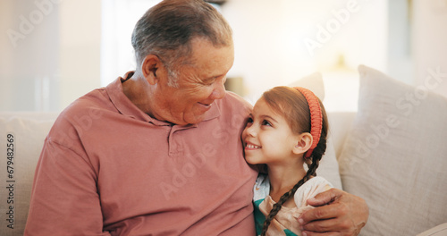 Home, relax and hug with grandfather, girl and happiness with weekend break, joyful and bonding together. Old man, senior person and child with a smile, embrace and support with love, care and kid