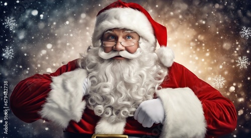 santa claus with christmas decorations, christmas scene, santa claus face  on christmas background, christmas gifts © Gegham