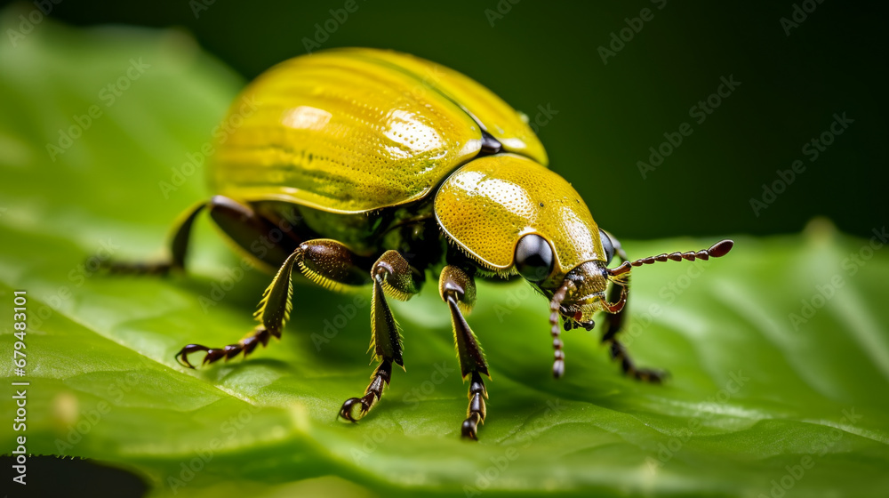 Naklejka premium yellow scarab beetle on green leaf, AI Generative.