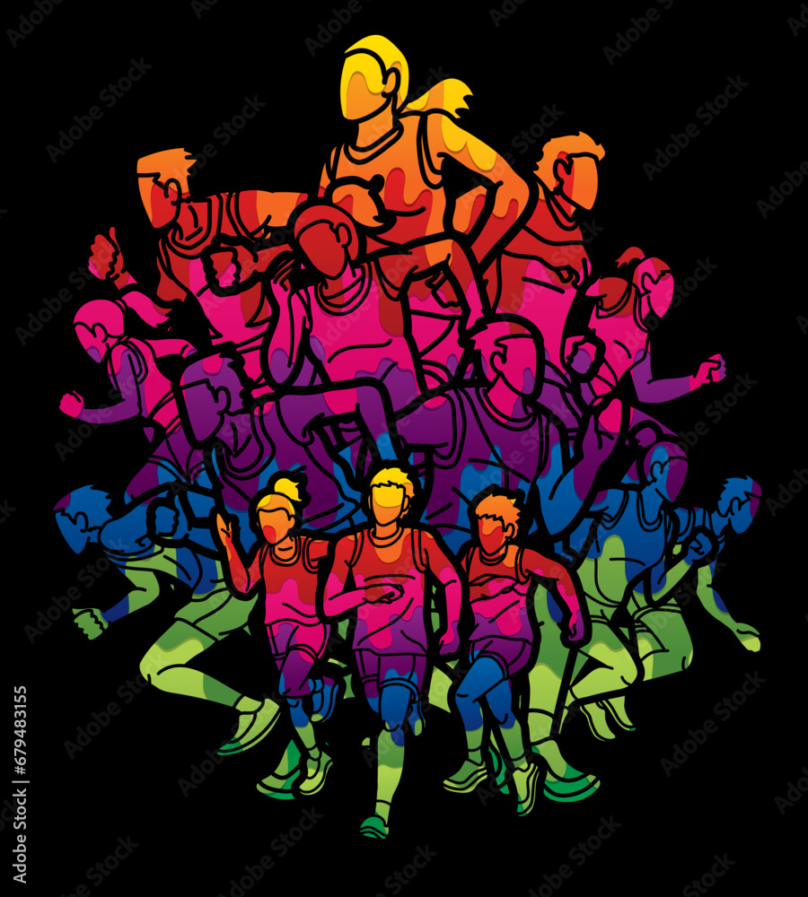 Fototapeta premium Group of People Running Together Runner Marathon Mix Male and Female Jogger Cartoon Sport Graphic Vector
