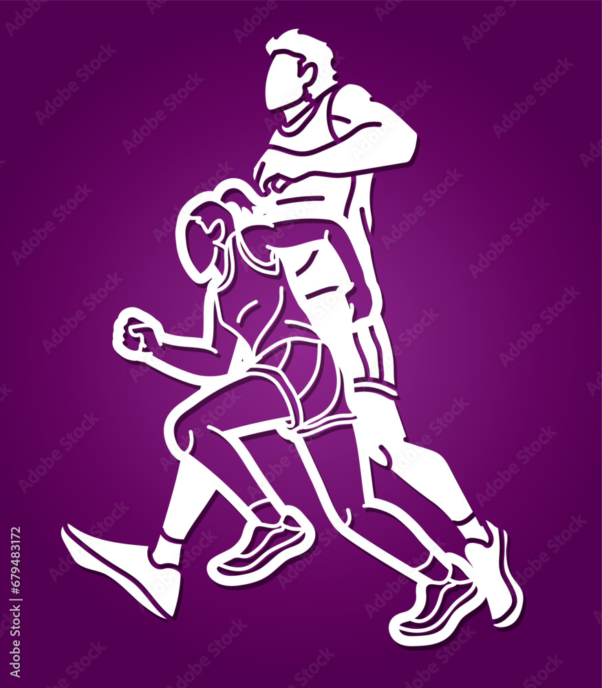 Fototapeta premium Group of People Running Together Runner Marathon Mix Male and Female Jogger Cartoon Sport Graphic Vector