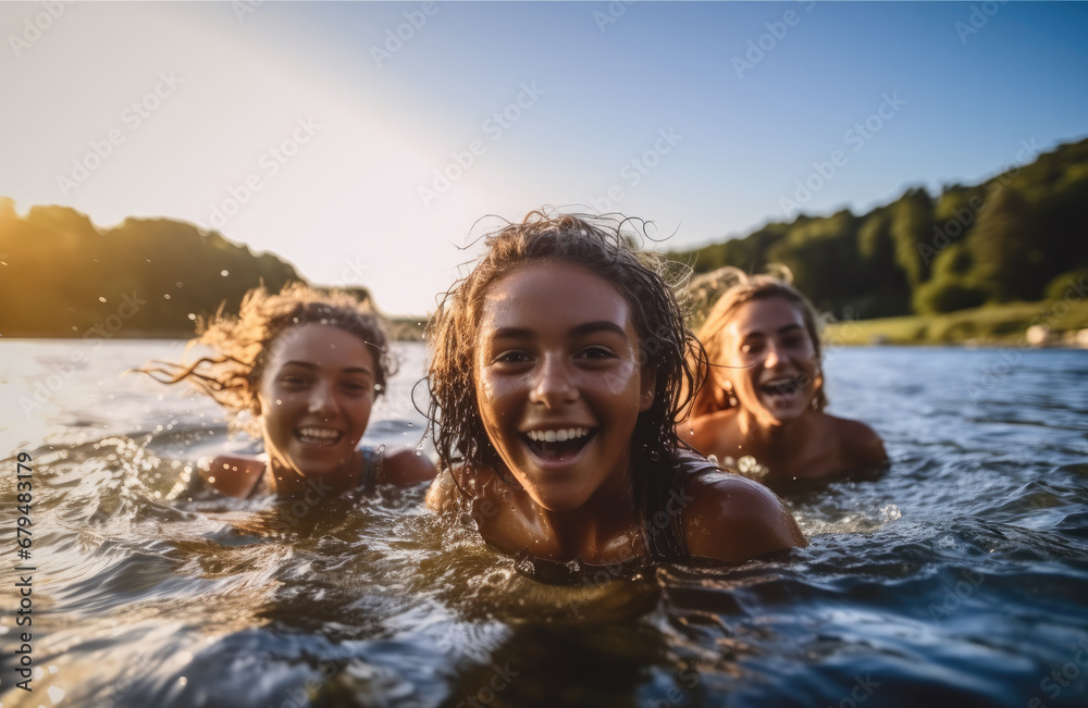 Happy three teenage girls swimming in a lake. Happy three teenage girls swimming in a lake.