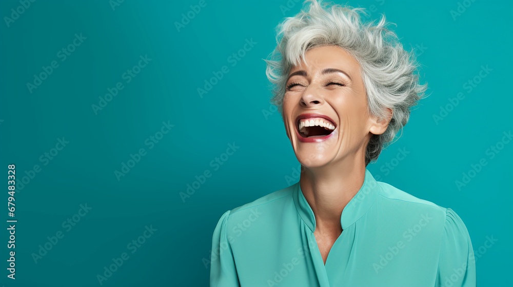 Portrait of attractive cheerful glad grey-haired woman laughing funny joke isolated over bright teal turquoise color background. Made with generative ai Portrait of attractive cheerful glad grey-haired woman laughing funny joke isolated over bright teal turquoise color background. Made with generative ai