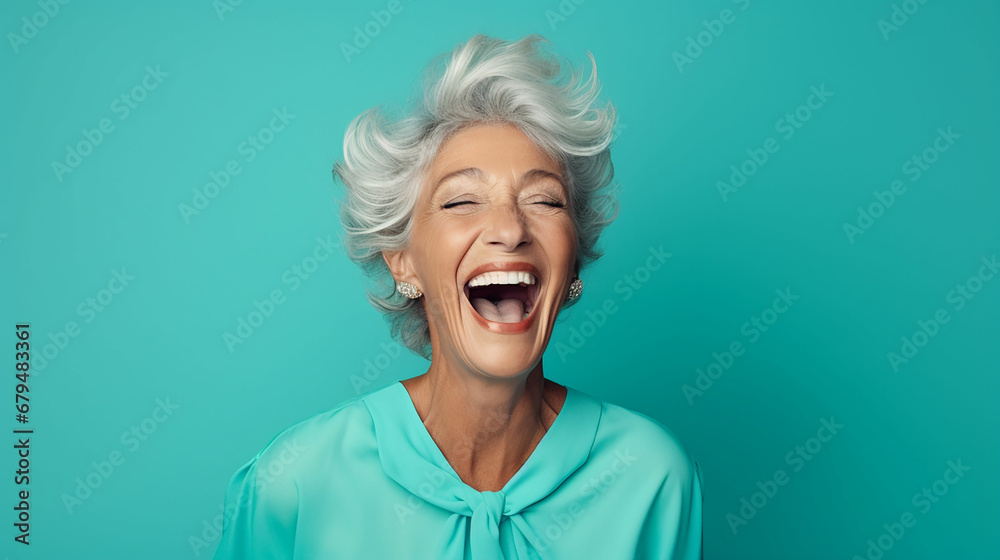 Portrait of attractive cheerful glad grey-haired woman laughing funny joke isolated over bright teal turquoise color background. Made with generative ai