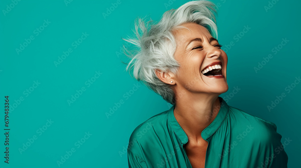 Portrait of attractive cheerful glad grey-haired woman laughing funny joke isolated over bright teal turquoise color background. Made with generative ai Portrait of attractive cheerful glad grey-haired woman laughing funny joke isolated over bright teal turquoise color background. Made with generative ai