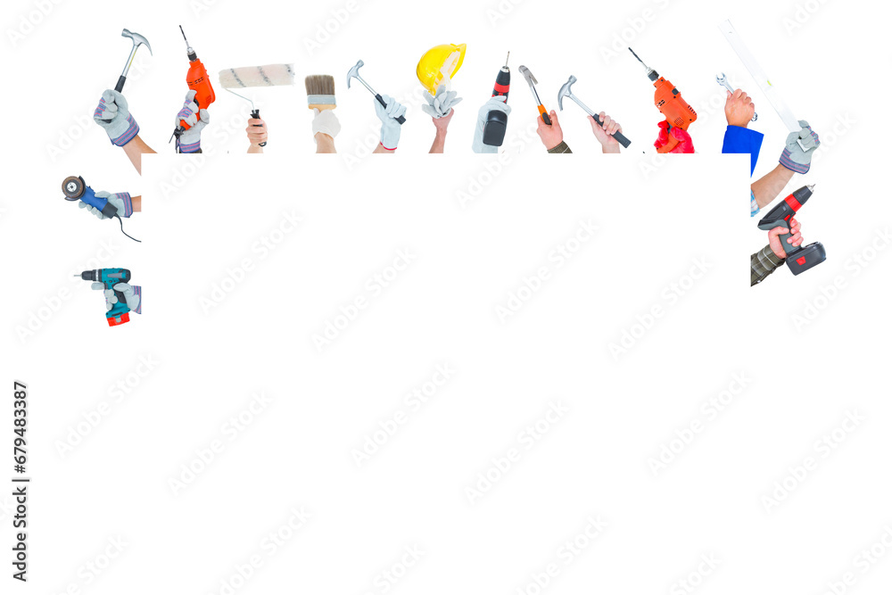 © vectorfusionart - Digital png illustration of hands with tools on transparent background © vectorfusionart - Digital png illustration of hands with tools on transparent background