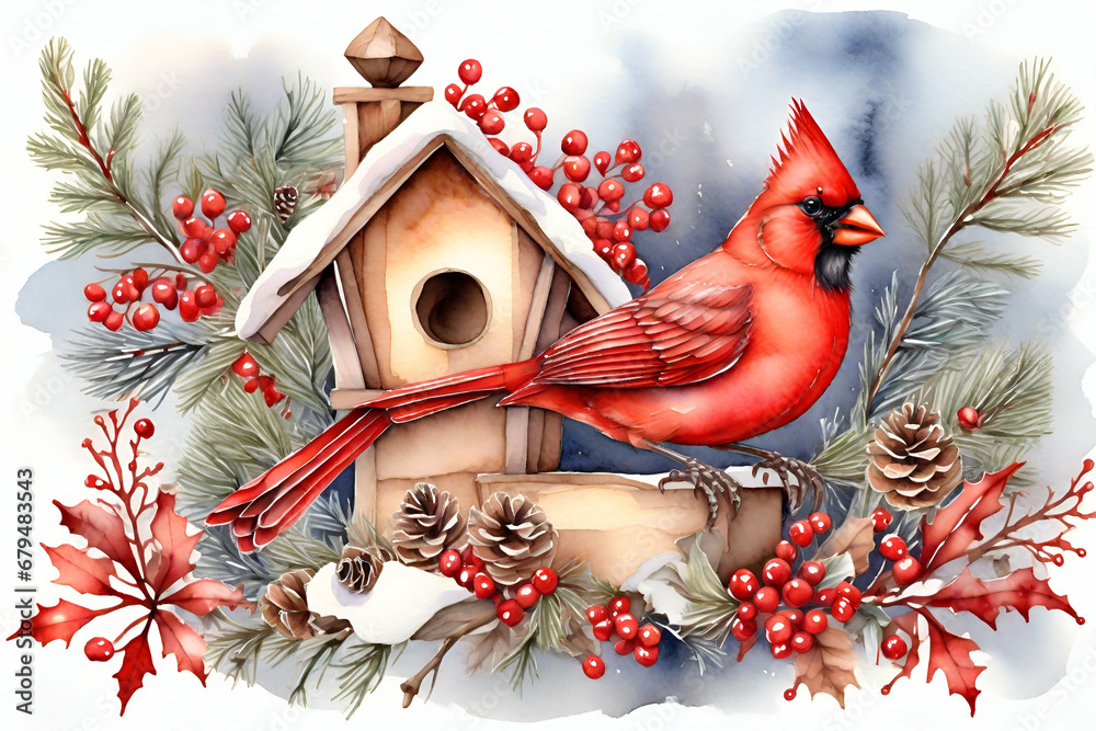 Watercolor hand drawn Christmas composition with red Cardinal bird, wooden bird house, fir cone and branches, red berries and snow - obrazy, fototapety, plakaty 