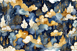 abstract forest under night sky in blue, golden and white colors