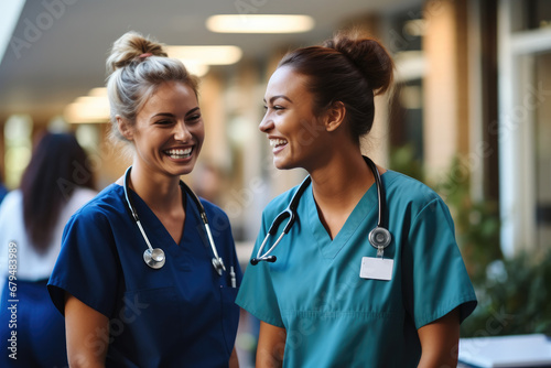Two nurses laughing and talking in a hospital.
