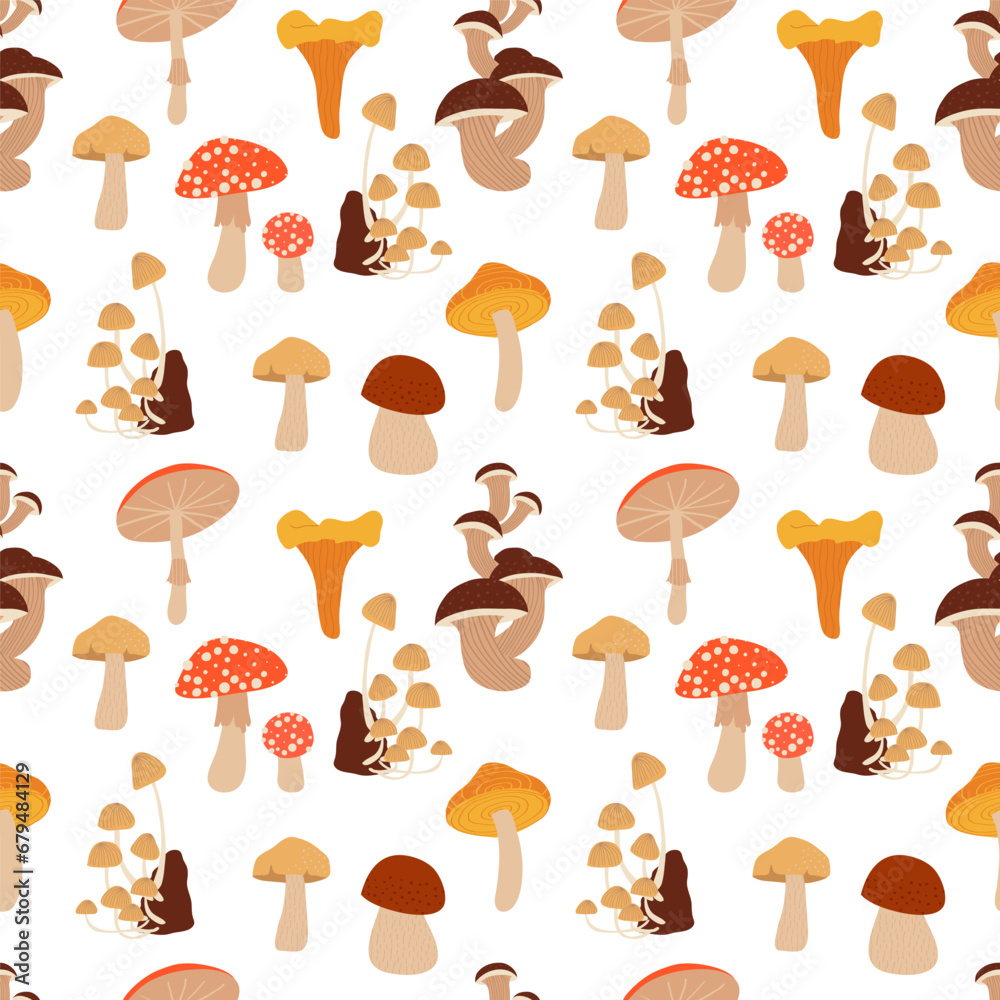 Seamless pattern with mushrooms: amanita, white mushroom, chanterelles, honey agarics, mushrooms, fly agarics, morels. Cartoon style. Seamless pattern with mushrooms: amanita, white mushroom, chanterelles, honey agarics, mushrooms, fly agarics, morels. Cartoon style.