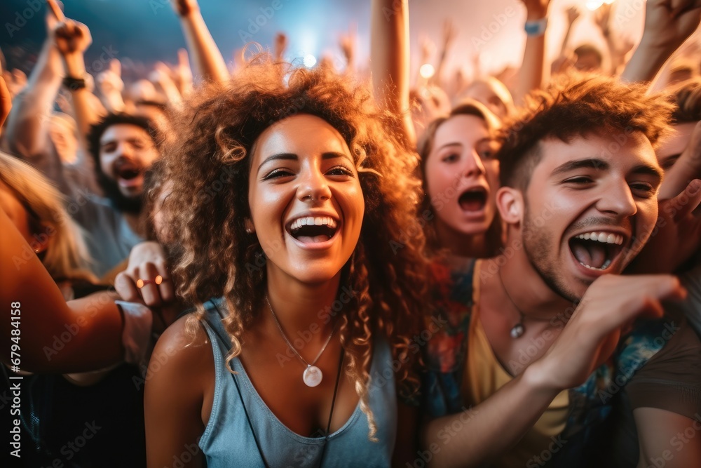 Group of friends dancing with joy and excitement at a lively music festival. Group of friends dancing with joy and excitement at a lively music festival.