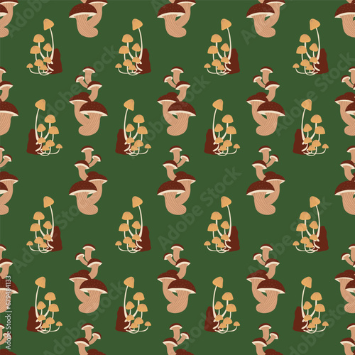Seamless pattern with mushrooms: the Silver Mushroom, Jack-O-Lantern mushroom. Cartoon style.