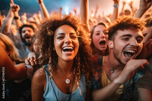 Group of friends dancing with joy and excitement at a lively music festival.