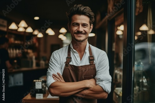 Smiling coffee shop owner standing in front of cafe, Confident entrepreneur.