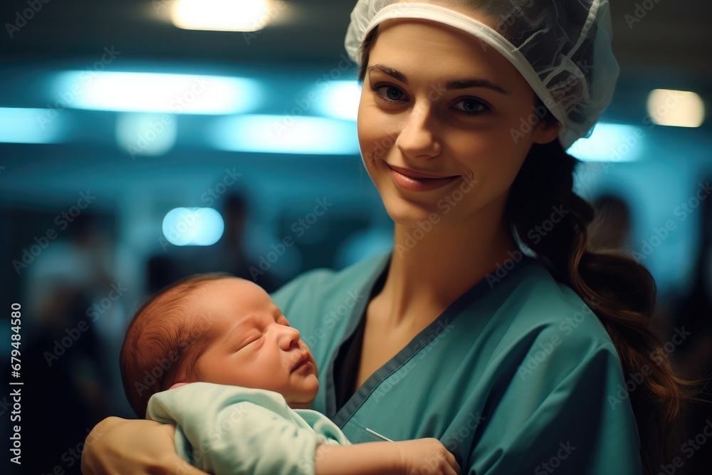 Nurse cradling newborn baby, displaying genuine emotions of nurture and care in a modern hospital setting. Nurse cradling newborn baby, displaying genuine emotions of nurture and care in a modern hospital setting.
