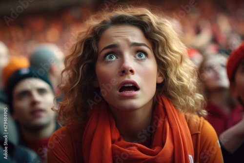 Despairing Fans at football match at stadium, The girl had a very disappointed expression on her soccer team's loss.