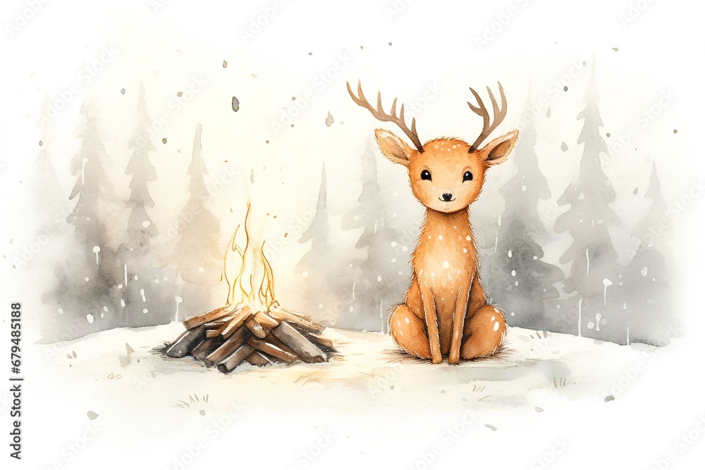 a scratched minimalist rudimentary outline scribble sketch of cute deer sitting in snowy night on campfire, heartwarming and delightful cozy scene, watercolor. generative AI a scratched minimalist rudimentary outline scribble sketch of cute deer sitting in snowy night on campfire, heartwarming and delightful cozy scene, watercolor. generative AI