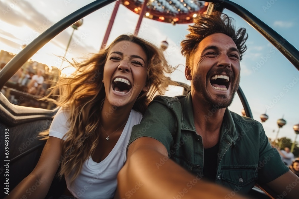Couple on a rollercoaster, Summer vacation, Excited couple enjoying a thrilling rollercoaster at an amusement park. - obrazy, fototapety, plakaty 
