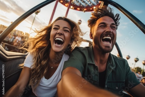 Couple on a rollercoaster, Summer vacation, Excited couple enjoying a thrilling rollercoaster at an amusement park. photo