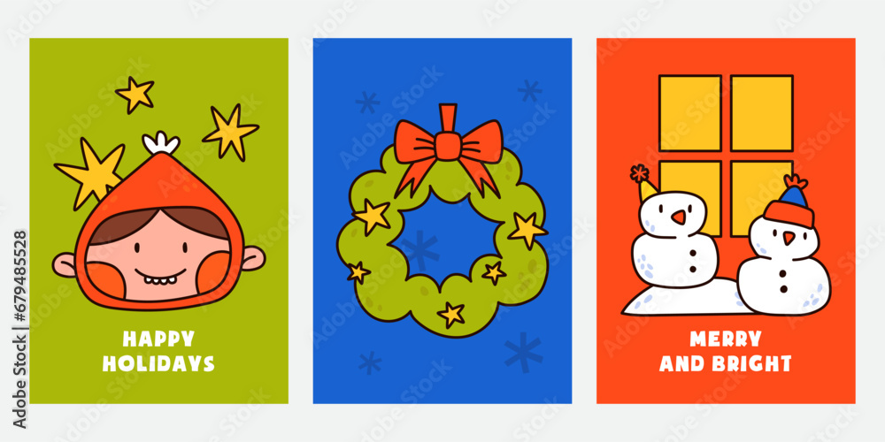 Set of modern trendy vector Christmas cards with fun characters