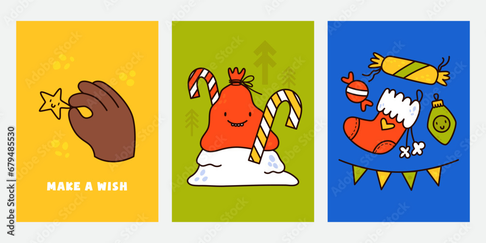 Set of modern trendy vector Christmas cards with fun characters
