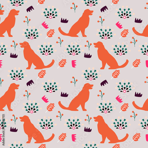 Seamless vector pattern with a dog on a floral background. seamless dog with tropical leaves. floral seamless pattern with leaves