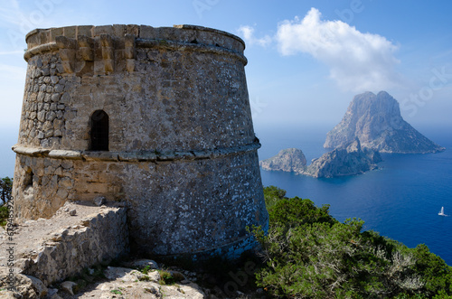 Beautiful sights in Ibiza Spain of the rugged coast  Mediterranean sea and charming architecture 