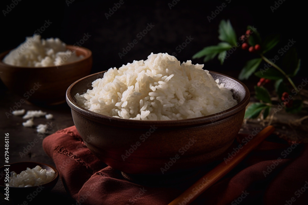 White rice on a dark background. Generative AI. White rice on a dark background. Generative AI.