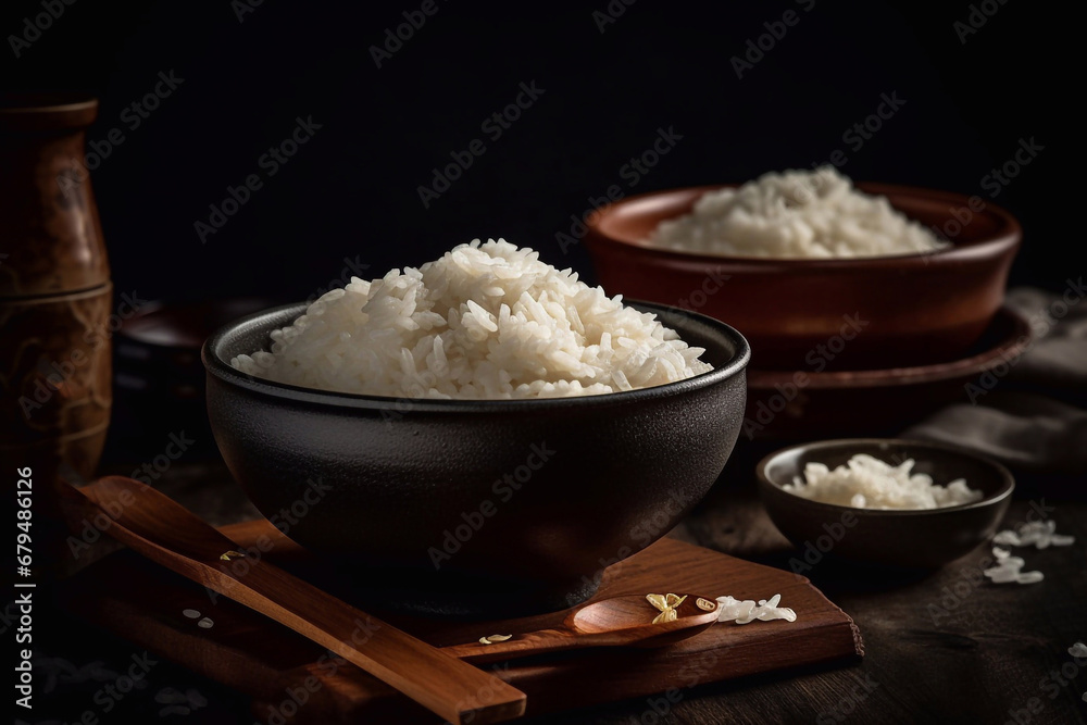 White rice on a dark background. Generative AI. White rice on a dark background. Generative AI.