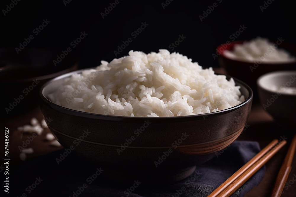 White rice on a dark background. Generative AI. White rice on a dark background. Generative AI.