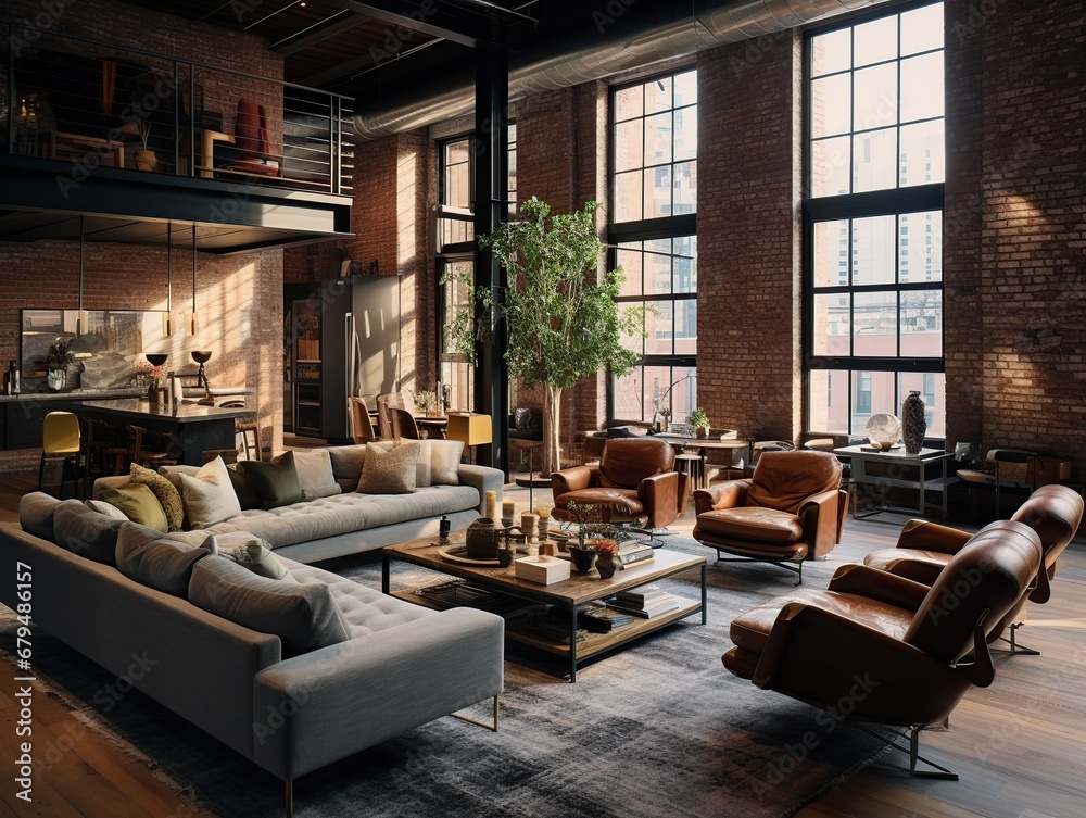 A classic modern loft in SoHo features exposed brick, industrial details, and a blend of contemporary and vintage furnishings.