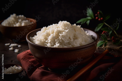 White rice on a dark background. Generative AI.