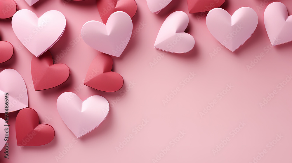 Paper valentines day hearts on pink, Bright color. generative ai